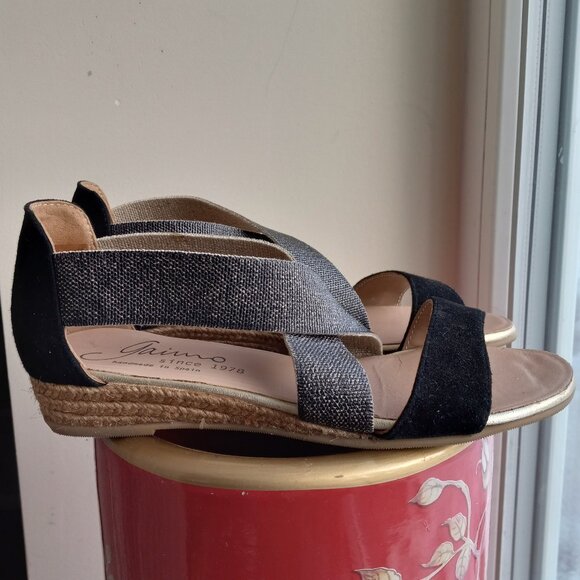 Gaimo Shoes - Gaimo Nover Black Suede Metallic Elastic X Band Low Wedge Espadrilles 38 / 7-7.5